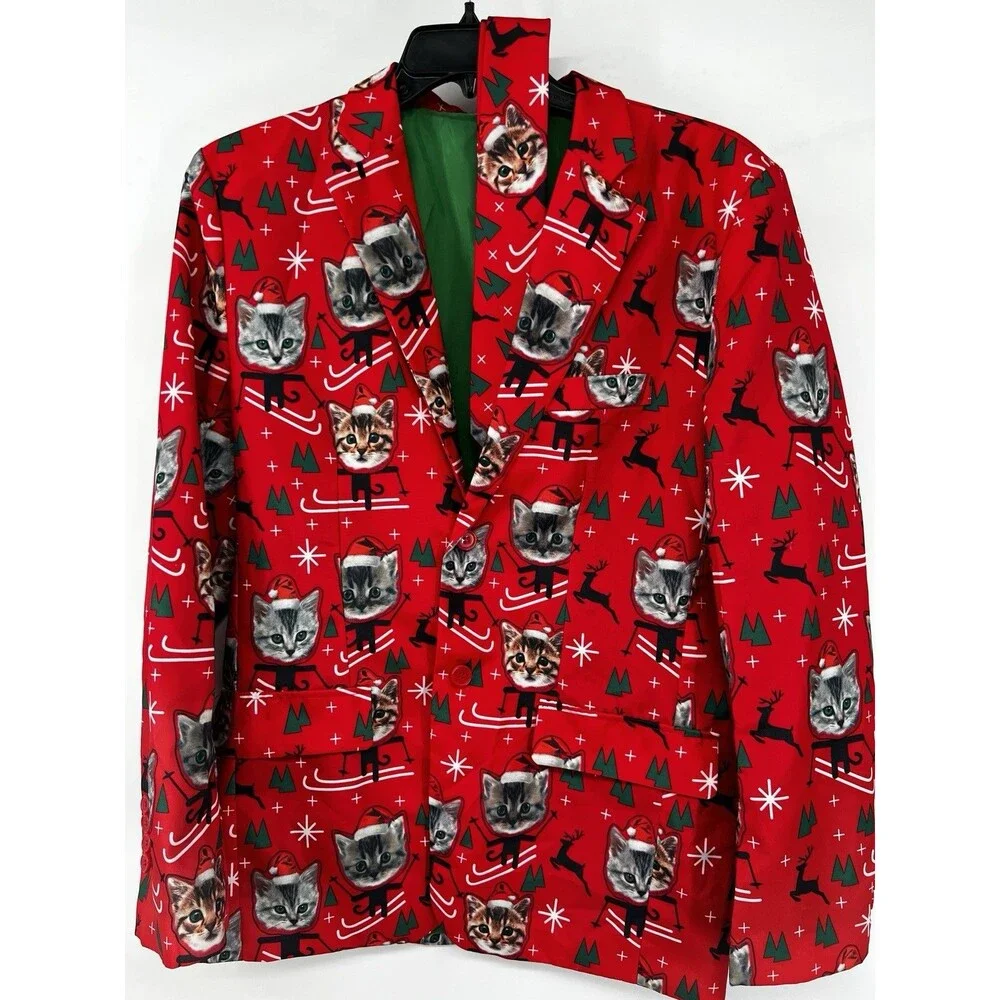 Ugly Sweater Blazer Red Jacket Christmas Cats size medium 38-40 funny suit party